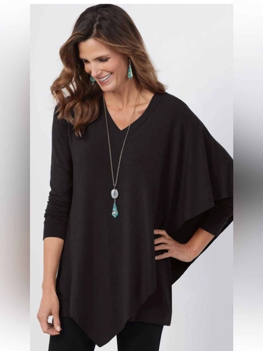 Soft Surroundings Womens XL Black V-Neck Knit Tunic Asymmetrical Hem Minimalist